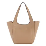 Cartera de hombro Guess modelo Helina, color beige con textura granulada. Incluye un charm colgante con el logo de la marca y un monedero extraíble con cierre.