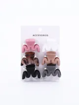 Set de seis pinzas para el pelo con forma ondulada en colores rosa, blanco, marron, beige, negro y gris.