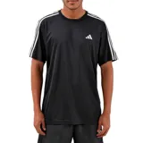 Remera deportiva Adidas negra con tres rayas blancas en los hombros y logo blanco en el pecho.