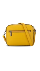 Bandolera color beige con diseño geométrico en el frente, cierre superior y correa larga regulable.