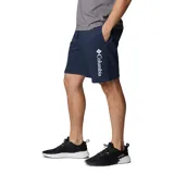 Short deportivo azul marino de algodón y elastano, con cintura elástica ajustable con cordón, bolsillos laterales y traseros, y logo de Columbia estampado en blanco en la pierna izquierda.