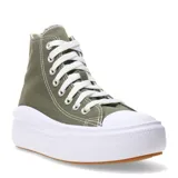 Championes de caña alta Converse Chuck Taylor All Star Move Seasonal color verde oliva con plataforma blanca y cordones blancos.