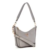 Cartera bandolera Guess Eco Gloriana chica, color gris plateado, con correa de hombro ajustable, correa bandolera extraíble y asa de cadena dorada.