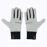 Guantes unisex de color gris con detalles en negro y logo de la marca Merrell estampado en el dorso.