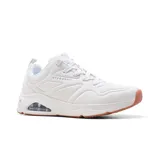Championes Skechers Street Tres-Air Uno color blanco. Zapatillas deportivas con cordones, capellada de cuero sintético en relieve, plantilla Skechers Air-Cooled Memory Foam y entresuela con triple cámara de aire Skech-Air visible.