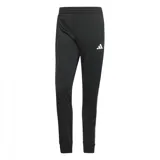 Conjunto deportivo Adidas negro de tricot, compuesto por campera con cierre y pantalón. La campera tiene cuello alto, cierre frontal, bolsillos laterales y las tres franjas blancas características en las mangas. El pantalón tiene cintura elástica con cordón ajustable y las tres franjas blancas en los laterales.