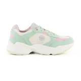 Championes Hi-Tec Harlan de estilo casual, con capellada de malla color beige y apliques en colores pastel (rosa, celeste, lila y amarillo). Suela de goma blanca con diseño chunky.