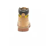 Botas de trabajo Caterpillar modelo Colorado 2.0, color beige con cuello acolchado negro, cordones amarillos y suela marrón.