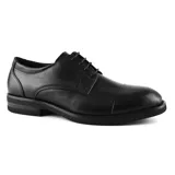 Zapato de vestir negro de cuero liso, con cordones y suela plana.