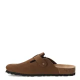 Sandalias Freeway tipo zueco casual de cuero color marrón habana, con hebilla ajustable y plantilla anatómica de corcho.