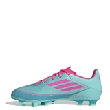 Championes de fútbol Adidas F50 Club Messi, unisex, color celeste con detalles en rosa.