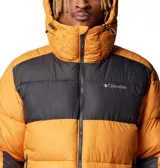 Campera puffer Columbia Pike Lake II Hooded para hombre, color verde oliva y negro. Cuenta con tecnología Omni-Heat Reflective, capucha ajustable, bolsillos con cierre y puños elásticos.