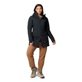 Campera Columbia Joy Peak II Mid para mujer, color negro, con capucha y largo hasta la mitad del muslo. Cuenta con forro termorreflectivo Omni-Heat™ Infinity, tecnología Omni-Shield™ que repele la humedad y aislamiento Thermarator™ de poliéster reciclado.