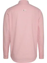Camisa Tommy Jeans de manga larga, color rosa claro, de corte regular, con cuello abotonado, cierre con botones, bolsillo de parche en el pecho y logo bordado en el bolsillo.