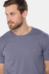 Remera celeste de manga corta con cuello redondo y bordado pequeño en el pecho. Corte clásico.
