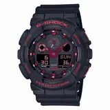 Reloj G-Shock negro con detalles en rojo, con pantalla digital y analógica, resistente a golpes y al agua.