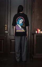 Remera negra de algodón con cuello redondo y calce oversize. Estampa sublimada con ilustración de una mujer con pelo azul y estrellas, espadas y rosas.