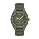 Reloj Armani Exchange color verde oliva con detalles dorados, correa de silicona y movimiento de cuarzo cronógrafo.