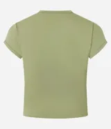 Blusa blanca de poliamida con cuello redondo y mangas cortas.