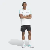 Remera blanca de algodón con cuello redondo y mangas cortas. Presenta tres tiras celestes en los hombros, logo de Adidas y logo de Mercedes AMG Petronas en el pecho.