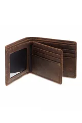 Billetera de cuero marrón con múltiples compartimentos para tarjetas y billetes.