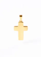Dije de acero quirúrgico dorado con forma de cruz clásica bombé y terminación pulida.