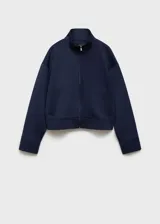 Chaqueta bomber azul marino con cuello alto, cierre frontal con cremallera, dos bolsillos laterales y diseño oversize.