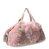 Bolso tipo duffle con estampado floral en tonos rosa, naranja y celeste. Tiene doble asa de mano en color beige.