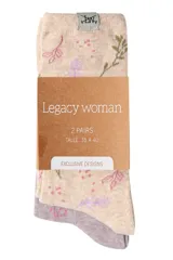 Pack de dos pares de medias tobilleras. Un par es beige claro con estampado floral en tonos rosados y verdes. El otro par es liso color lila/gris claro.