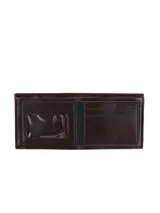 Billetera de símil cuero color marrón oscuro con una franja vertical marrón claro en el frente con la marca "Terrano" grabada.