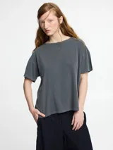 Remera gris de algodón con cuello redondo y mangas cortas.