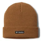 Gorro de lana tejido color naranja con logo de Columbia en etiqueta cosida en el borde.