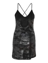 Vestido corto negro con lentejuelas plateadas, escote en V y breteles finos.