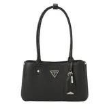 Cartera tote Guess modelo Meridian, color negro, con logo triangular metálico y llavero colgante con logo.