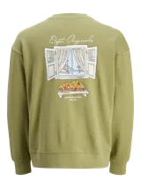 Buzo verde oliva de manga larga con fit oversize y cuello redondo. Estampa en la espalda con impresión de goma de tacto suave con la frase "Dept. Originals" y el dibujo de una ventana con flores. Confeccionado en tejido loop back sin cepillar.