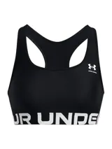 Top deportivo de mujer Under Armour, color negro, con escote cuadrado y tirantes anchos. Presenta una banda elástica inferior con el logo de la marca en blanco.