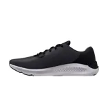 Championes de running Under Armour Charged Pursuit 3, color negro con logo y detalles en violeta, entresuela blanca con tecnología Charged Cushioning y capellada de malla.