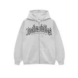 Campera gris con cierre metalizado, capucha ajustable y estampado en el pecho con el texto "Rockerstudios - Rockers Underground Culture".