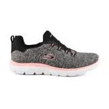 Zapatilla deportiva Skechers Summits - Quick Getaway, color gris jaspeado con detalles en negro y rosa. Capellada de malla knit suave de una pieza, con cordones elásticos y plantilla Memory Foam.