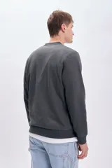 Sudadera gris oscuro de corte clásico con cuello redondo y puños y bajo acanalados. Presenta un pequeño bordado con letras en el pecho.