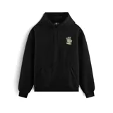 Canguro negro con capucha y bolsillo delantero. Estampado pequeño en el pecho de un carrito de supermercado lleno de productos.