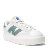 Championes urbanos New Balance modelo CT302, color blanco con detalles en verde y azul, con proporciones exageradas, entresuela estratificada, suela amplificada y puntera de goma resistente.