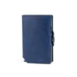 Billetera de cuero azul con sistema de apertura automática para tarjetas y compartimento para billetes.
