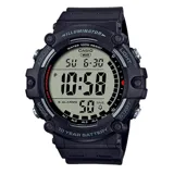 Reloj digital Casio modelo AE1500WH-1AVDF, con caja grande de resina negra y esfera gris. Cuenta con cronómetro, temporizador, 5 alarmas, hora dual y luz LED. Resistente al agua hasta 100 metros.