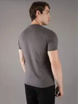 Remera gris de manga corta con cuello redondo y logo de Calvin Klein Jeans estampado en el frente.