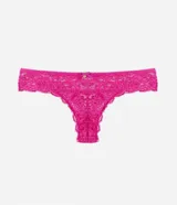 Bombacha bikini hilo color rosa con encaje floral y moña en la cintura.