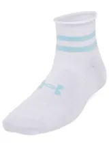 Pack de tres pares de medias Under Armour Essential, de corte tobillero, color blanco con detalles en lila y logo de la marca.
