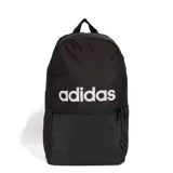 Mochila Adidas negra con logo blanco estampado en el frente. Cuenta con un compartimento principal con cierre y un bolsillo frontal con cierre. Tiene correas ajustables para los hombros y asa de mano en la parte superior.
