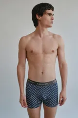 Boxer azul marino con estampado de cachemir en gris claro y cintura elástica gris con la inscripción "Carouomo" en blanco.
