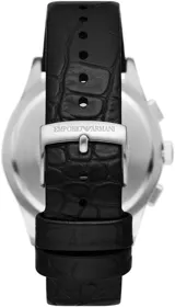 Reloj Emporio Armani con correa de cuero negra, caja plateada y esfera negra con cronógrafo.